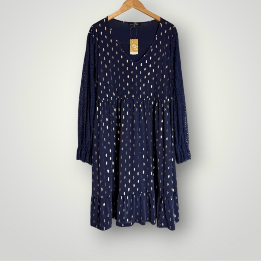 Suzanne Betro Gold Leaf Print Empire Dress Sz 1X Lace Sleeve Ruffle Cuff Pockets - Picture 2 of 8
